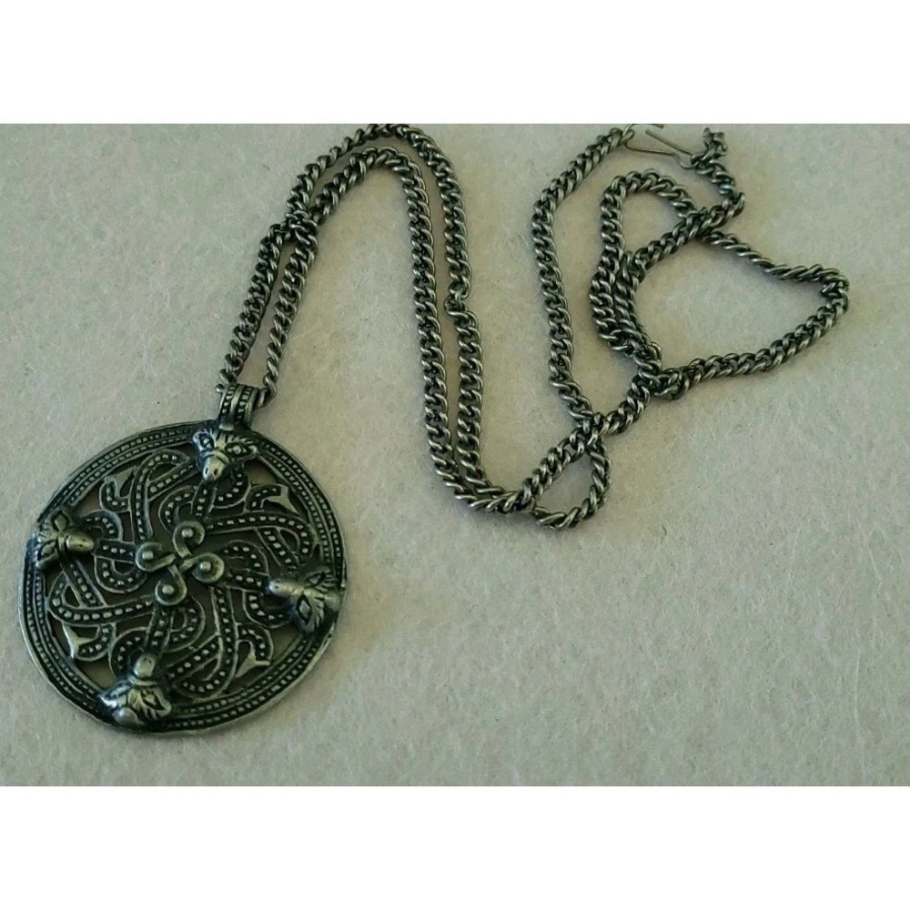 Vintage Viking Knotwork Medallion Necklace Norse Revival Statement 24in